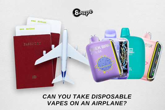 Four disposable vapes, an airplane, a passport, and the text 'Can You Take Disposable Vapes on an Airplane?