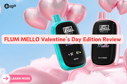 FLUM MELLO Valentine's Day Edition vape devices with heart-shaped balloons.