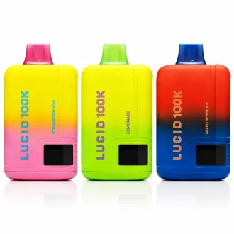 Lucid Nomz 100K disposable vape in Strawberry Kiwi, Lemonade, and Mixed Berry Ice